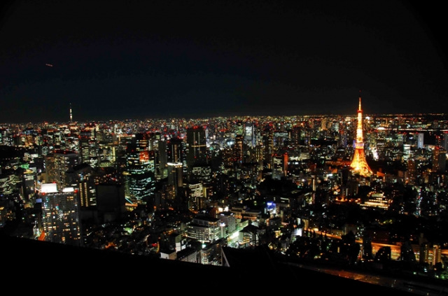 スカイデッキから見た風景（夜）　スカイツリーと東京タワーもライトアップされて綺麗です。